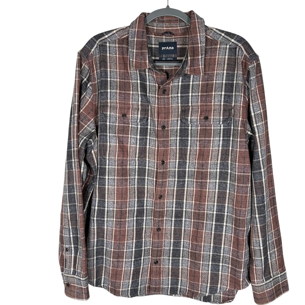 Prana Westbrook Flannel Shirt Mens L Plaid Slim Straight Long Sleeve Button Up